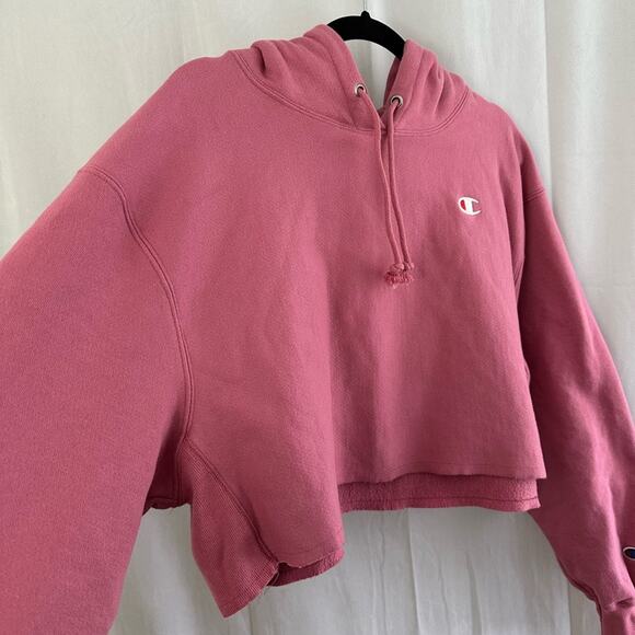 Champion Women's Reverse Weave Cropped Cutoff Hoodie Sweatshirt in Pink Size L - Picture 3 of 8